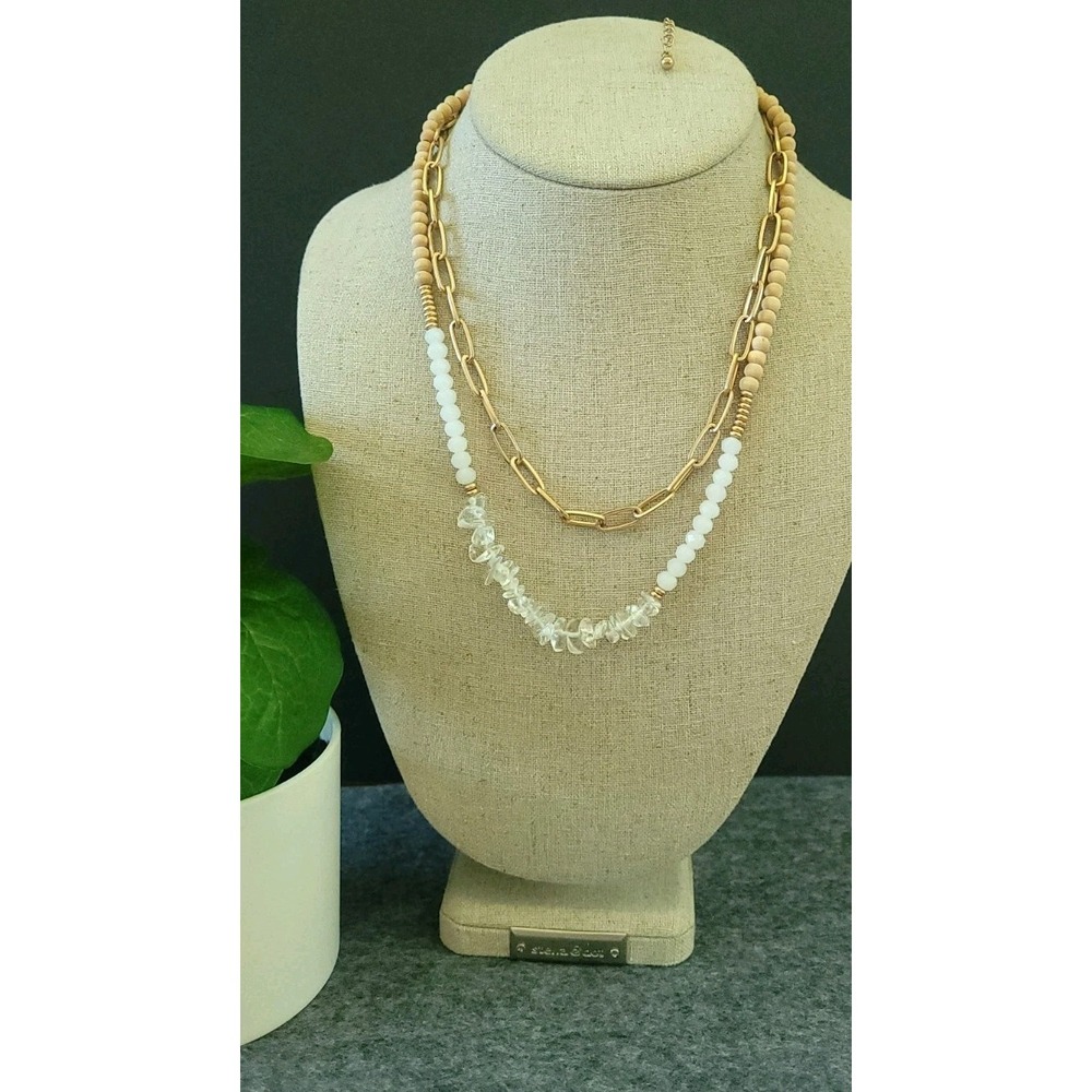 Boho Layered Statement Necklace Clear Chip Beads Mixed Chain 16in